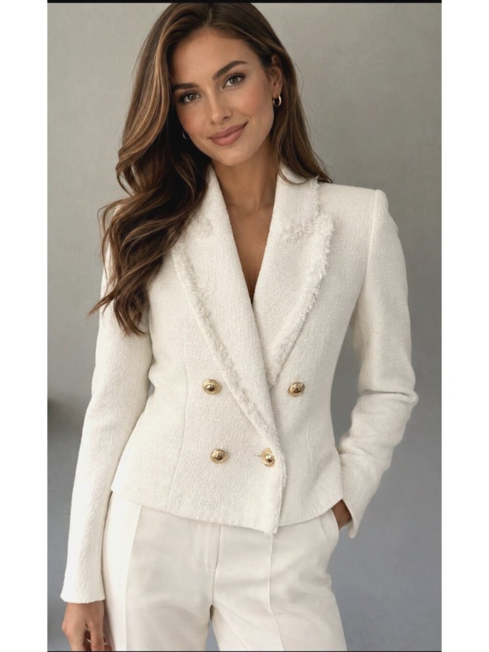 Zara White Tweed Double Breasted Gold Button Crop Blazer Jacket